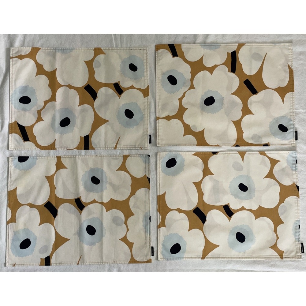 Vintage Marimekko Pieni Unikko Placemats Set of 4 Floral Gold White Black Blue